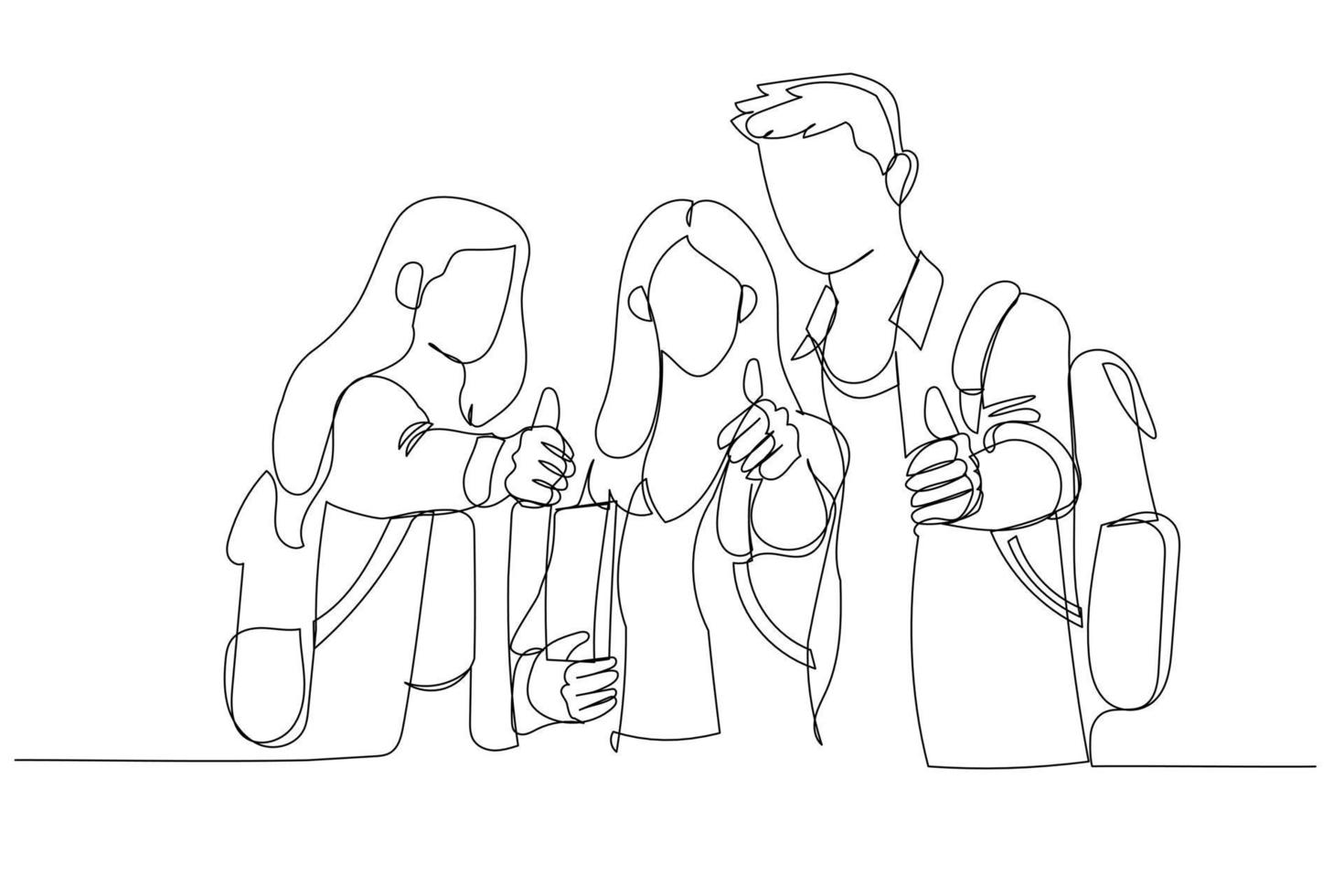 Cartoon of three students looking at you with thumbs up in campus. One line art style vector