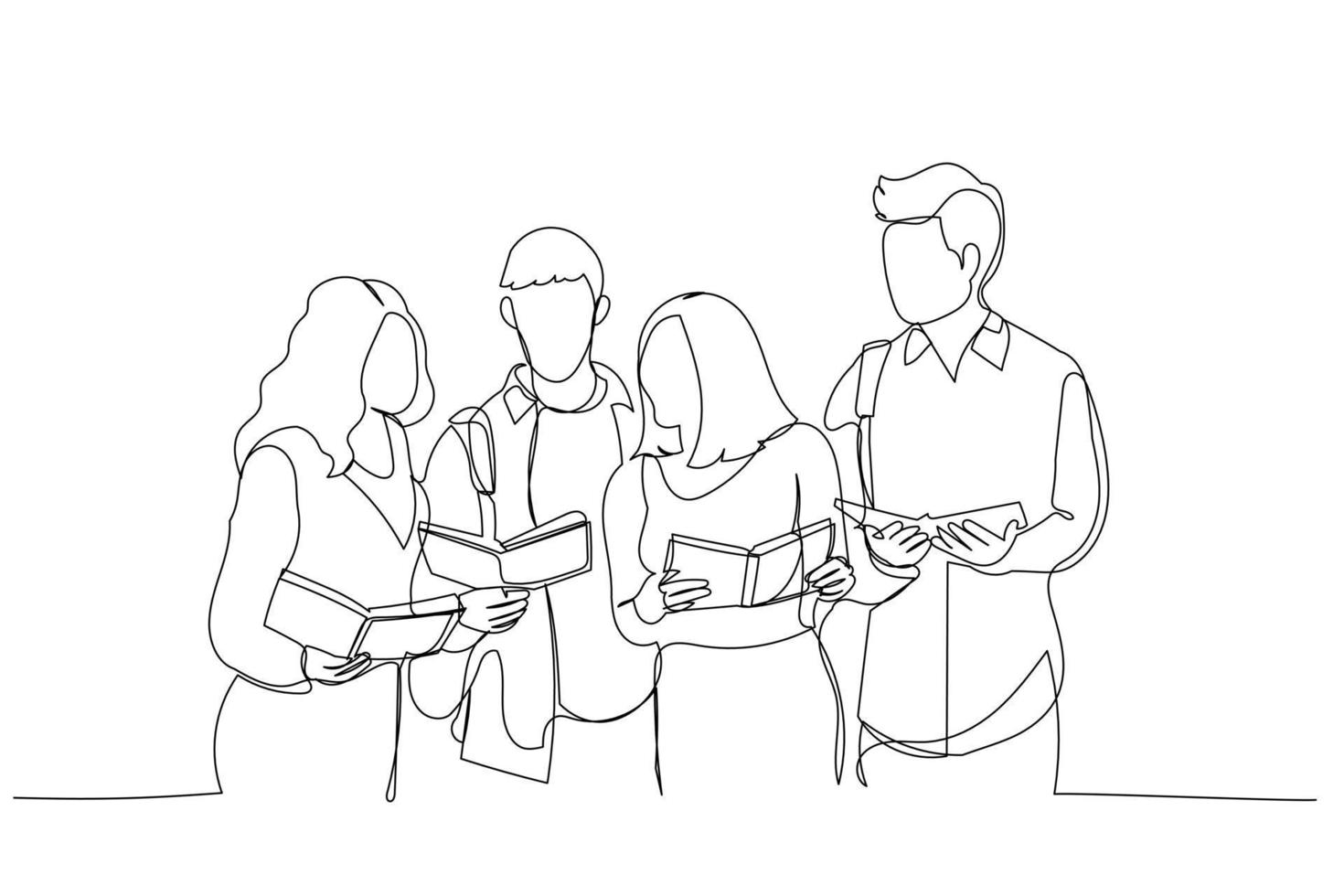 Illustration of students study in library, young people spend time together and search information. Single line art style vector