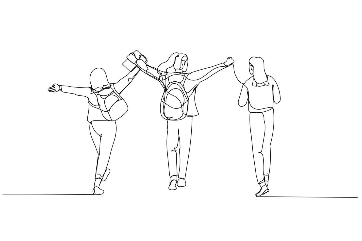 Illustration of group of students with arms raised on air with happy. Single line art style vector