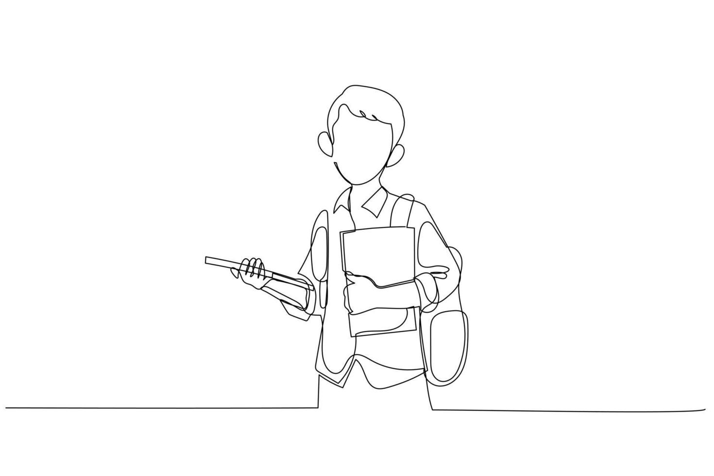 Cartoon of boy with backpack holding books and tablet computer with copy space. Single line art style vector