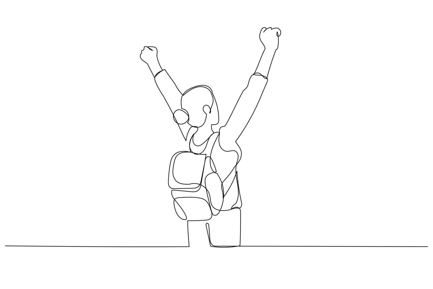 Drawing of student with arms raised on air. Continuous line art style vector