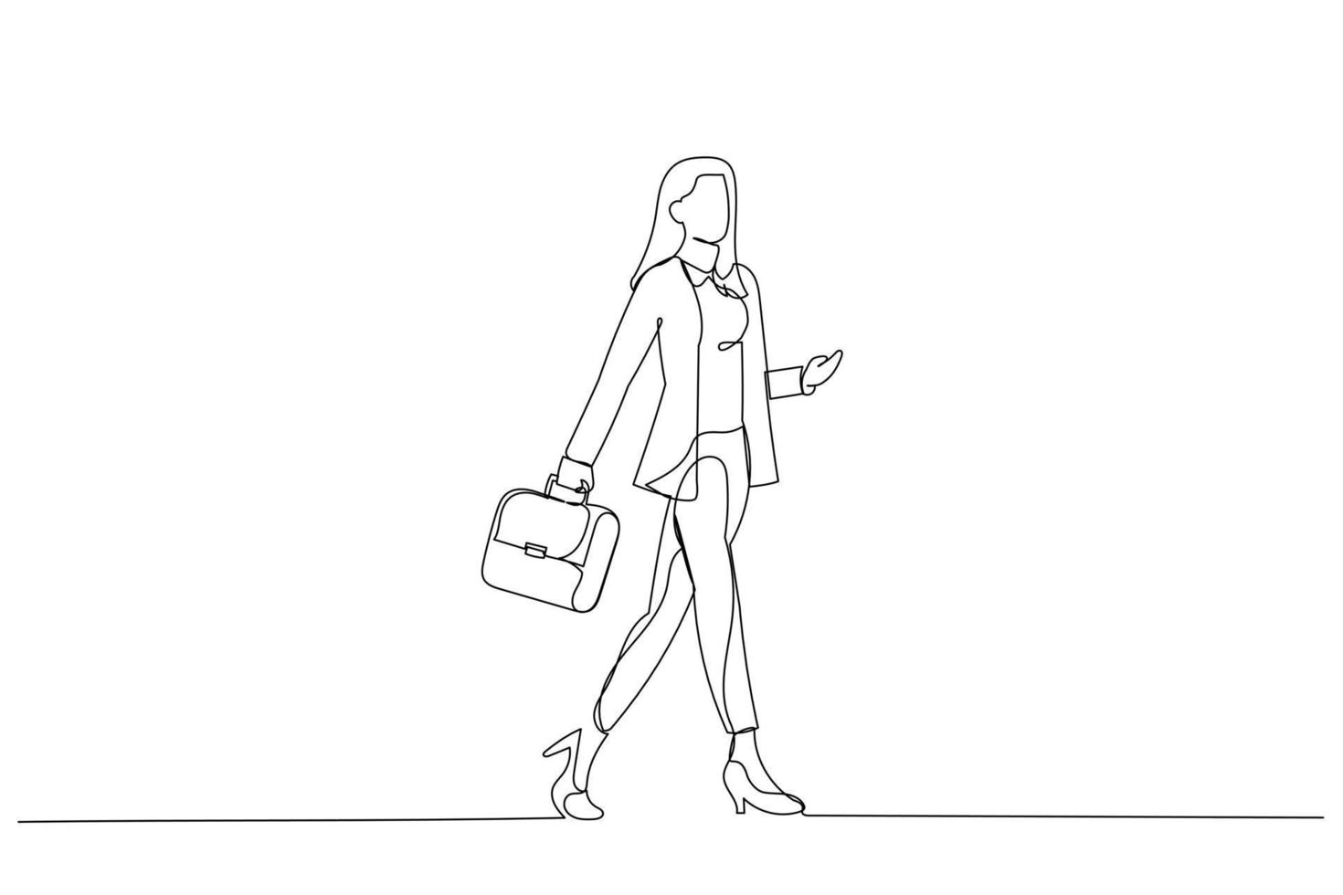 dibujos animados de una atractiva mujer de negocios caminando en una reunión usando pantalones de chaqueta y tacones altos. arte de estilo de una línea vector