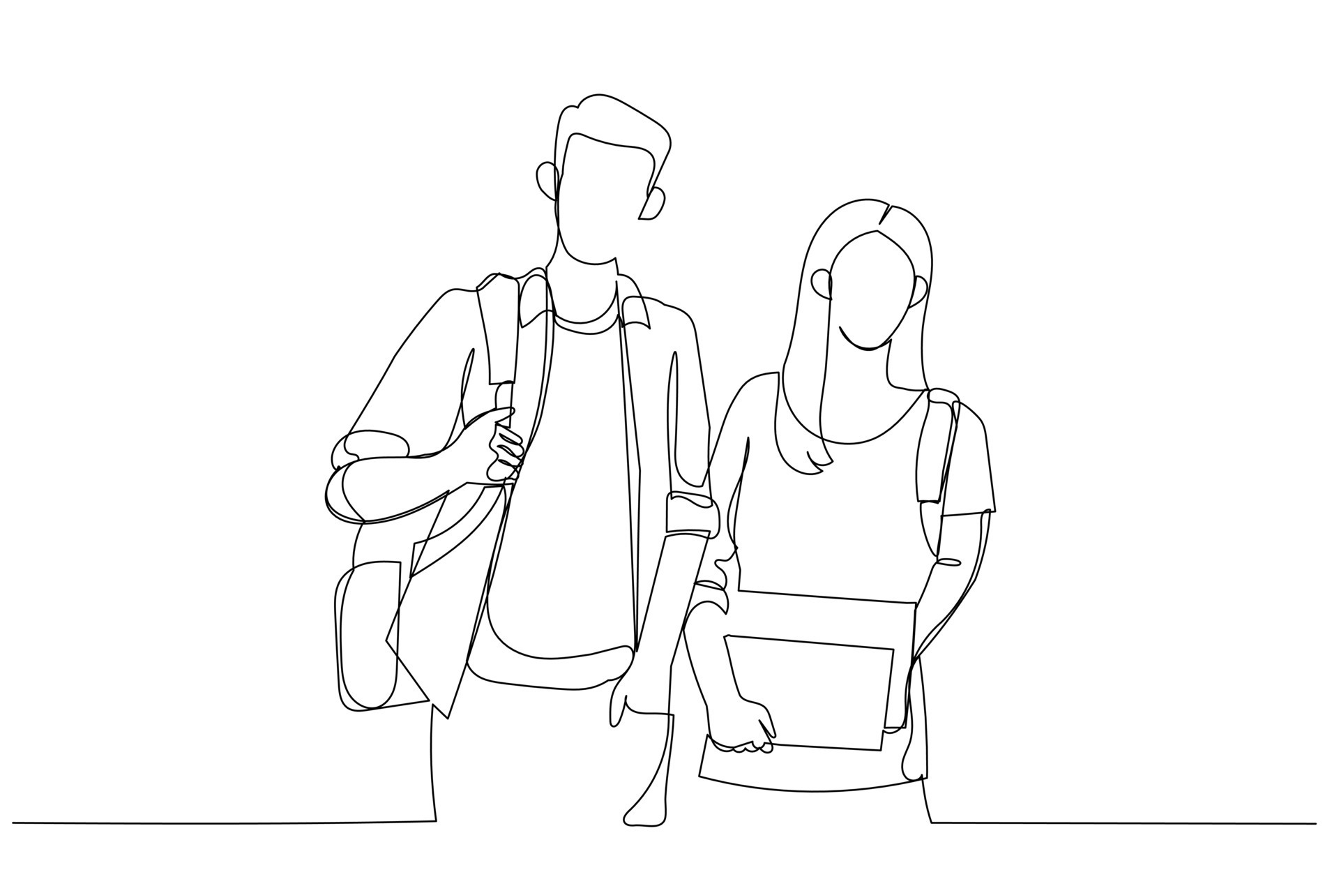 Drawing of two students on campus standing side to side looking