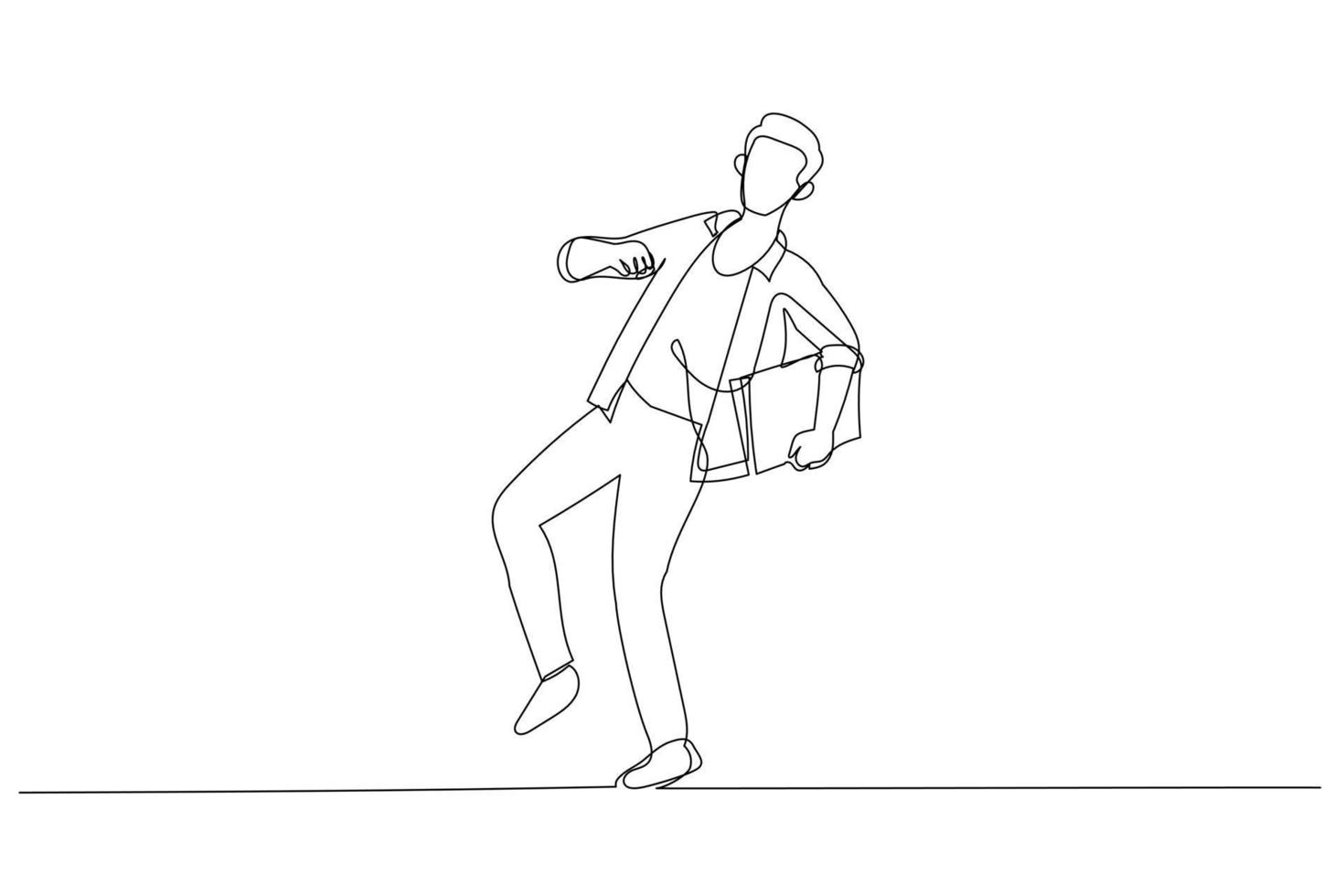 Drawing of student go to school with headphone running while listening to music. Single continuous line art style vector