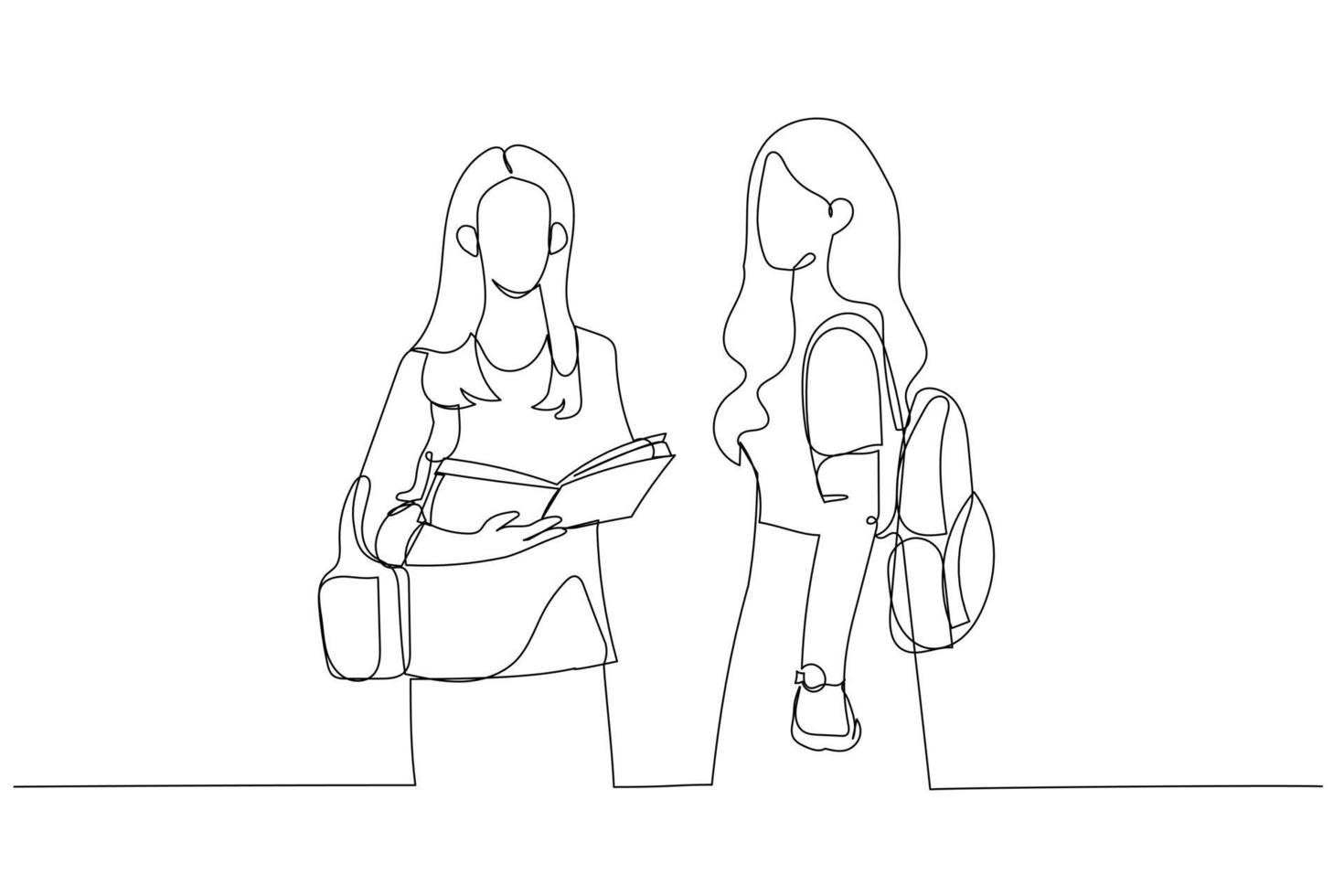 dibujo de dos chicas adolescentes reales en el aula que quieren estudiar en la universidad. estilo de arte de línea continua única vector