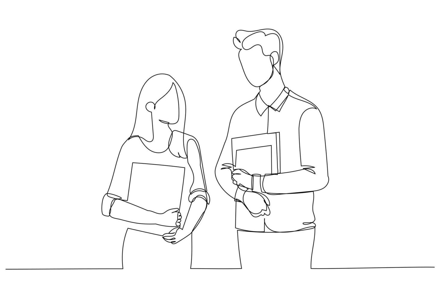 Drawing of two students in love communicate during break holding learning materials. Continuous line art vector