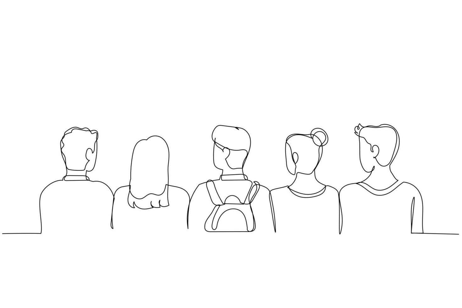 Drawing of group of students with bags in school, back view. Single continuous line art style vector