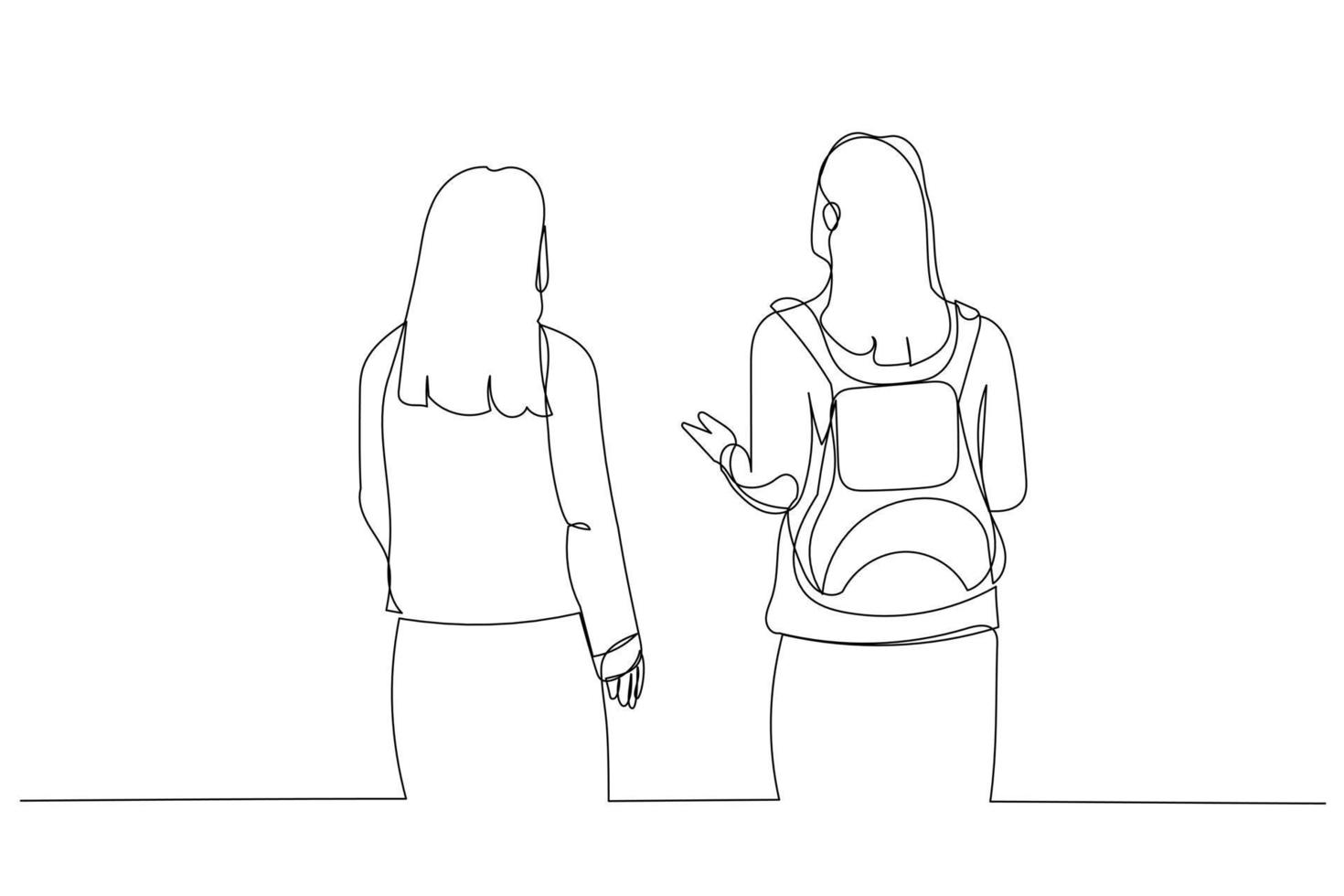 Cartoon of back view of two friends walking together. One continuous