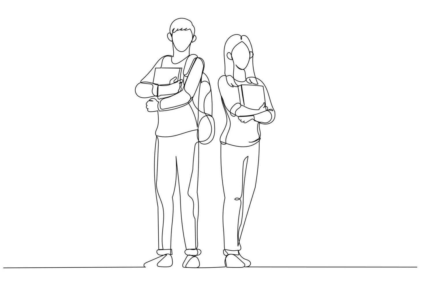Drawing of young students couple standing and posing in front of campus. Single continuous line art style vector