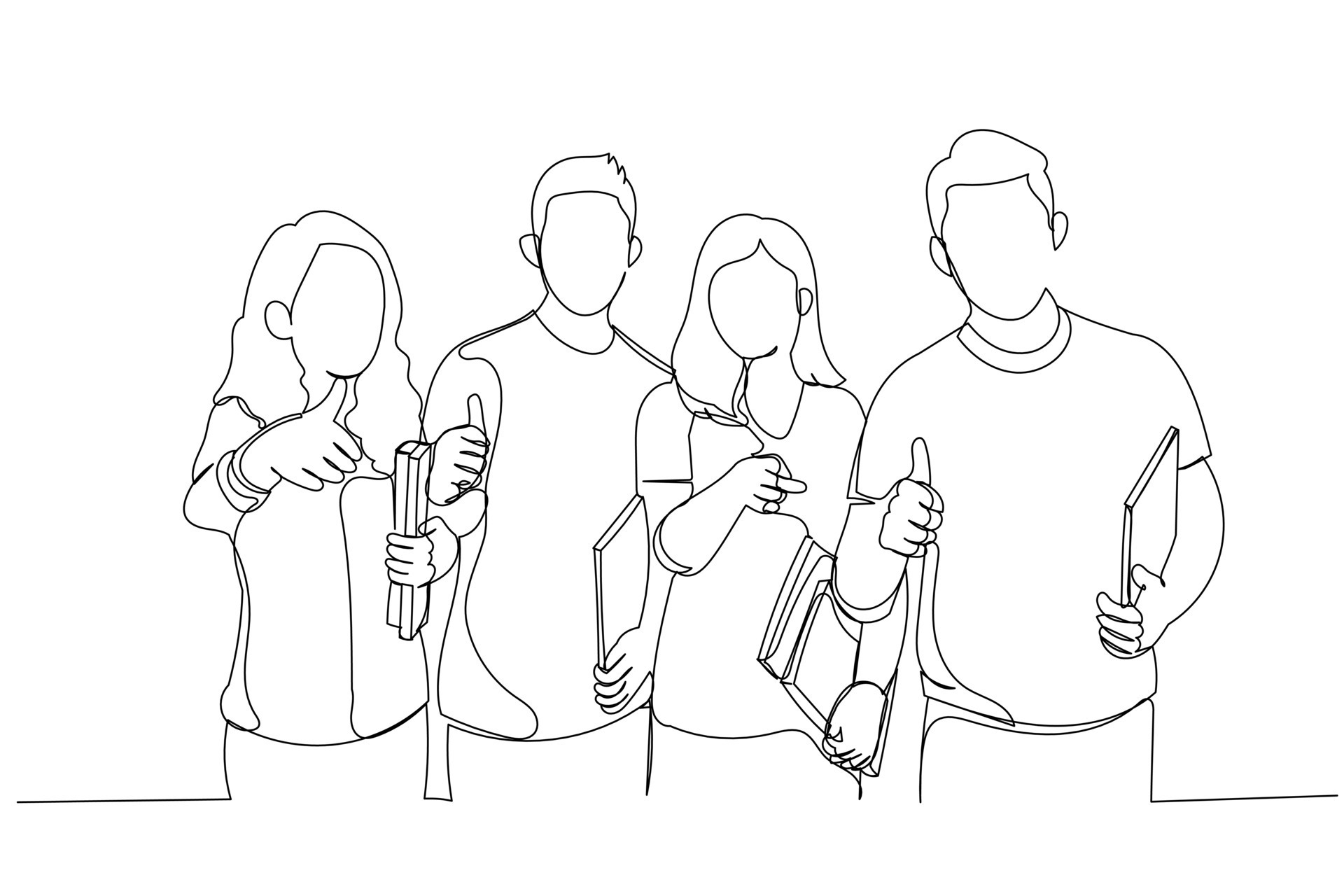 Cartoon of group of friends smiling with thumb up denoting success. One  line art style 16022612 Vector Art at Vecteezy
