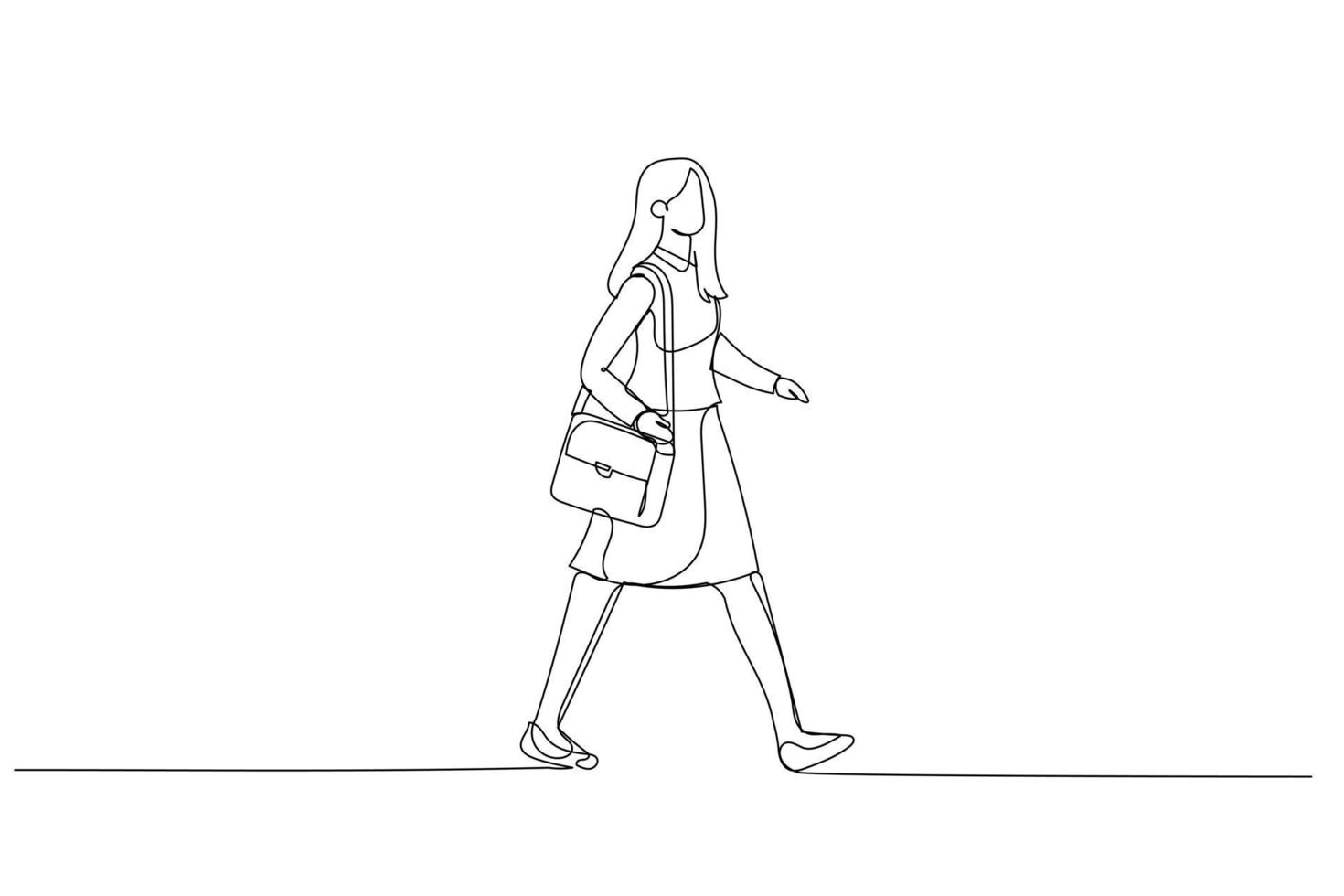 Illustration of businesswoman walking in a hurry past for business travel. Single continuous line art style vector