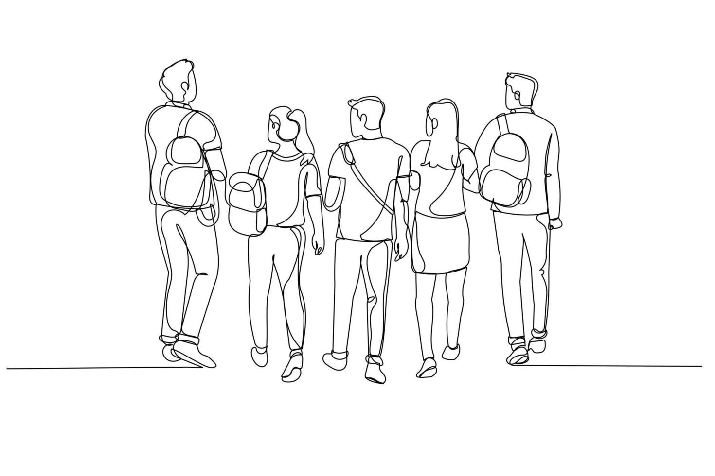 Drawing of rear view bachelor campus walking after to college building. Continuous line art vector