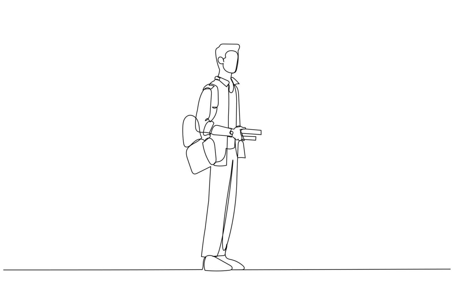 Cartoon of happy male student standing and posing. One line art style vector