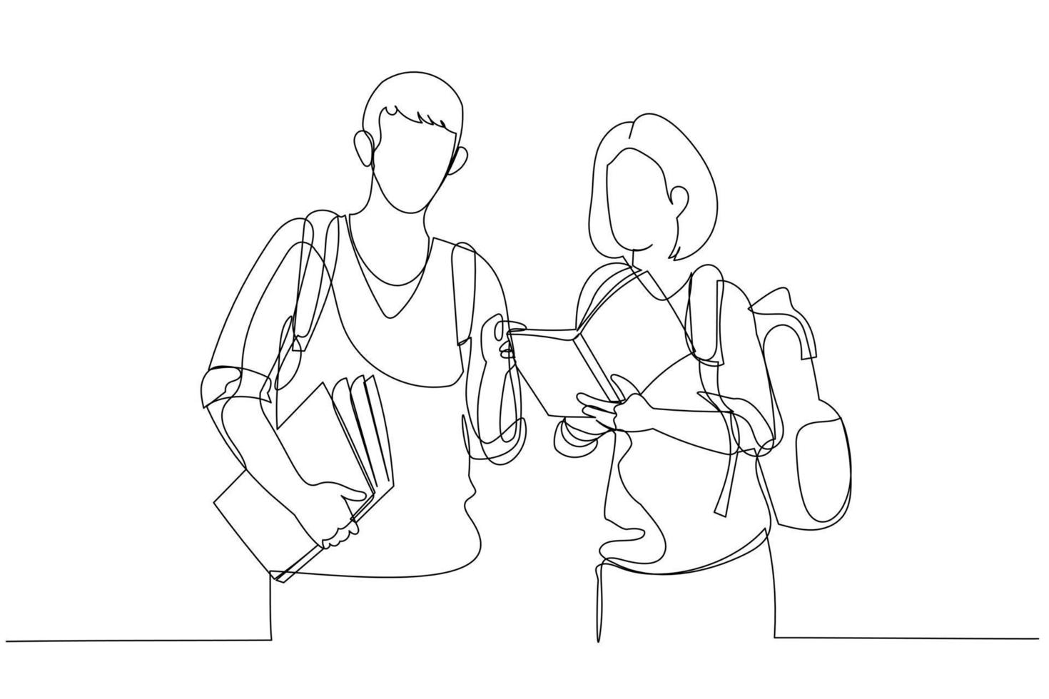 Illustration of male and female college student friends with backpacks holding books. Single line art style vector