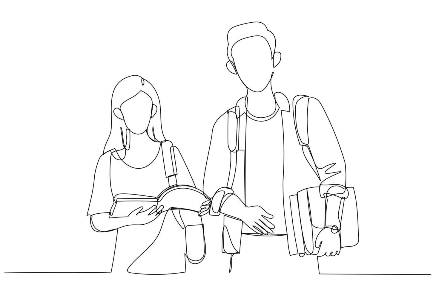 Drawing of students couple in school library have discussion about subject. Single continuous line art style vector