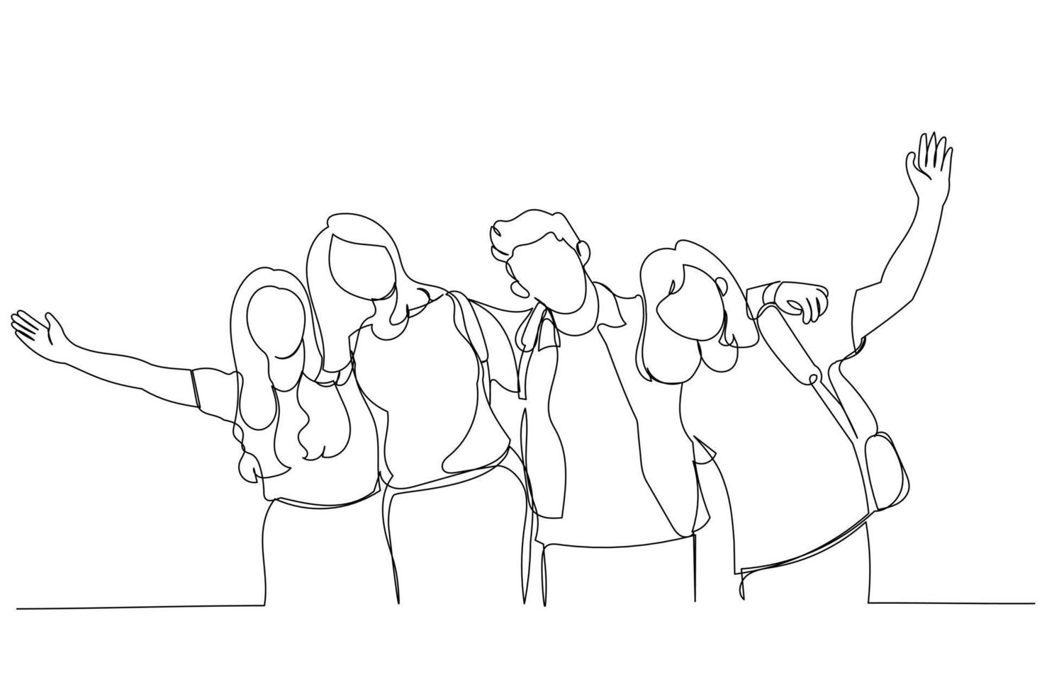 Drawing of group of students walking along the corridor at college. Single continuous line art style vector