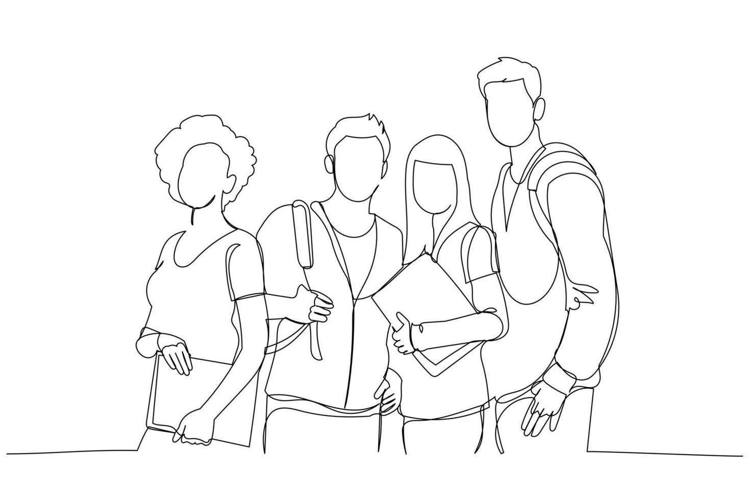 Drawing of Group Of Students holding books posing after calls. Single continuous line art vector