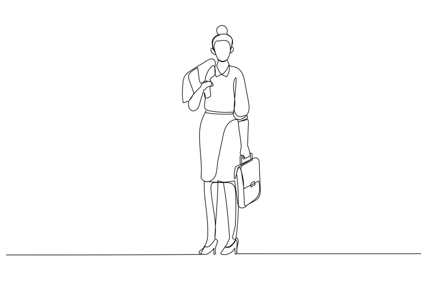 Drawing of pretty mature businesswoman holding jacket and briefcase. Continuous line art vector