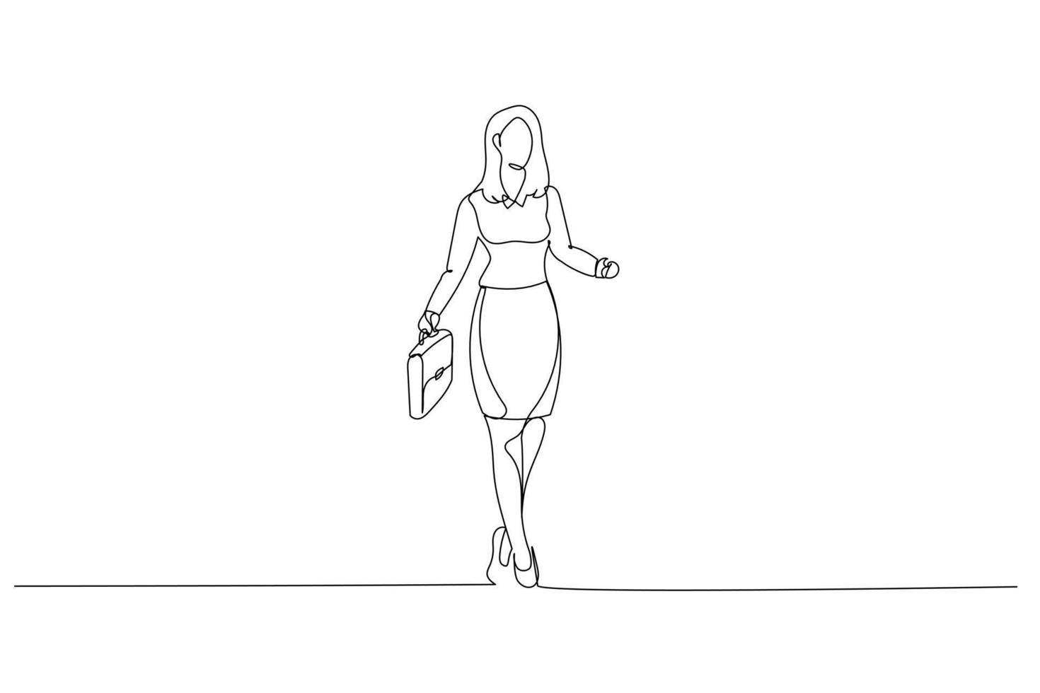 Drawing of businesswoman walking forward carrying leather bag. Single continuous line art vector