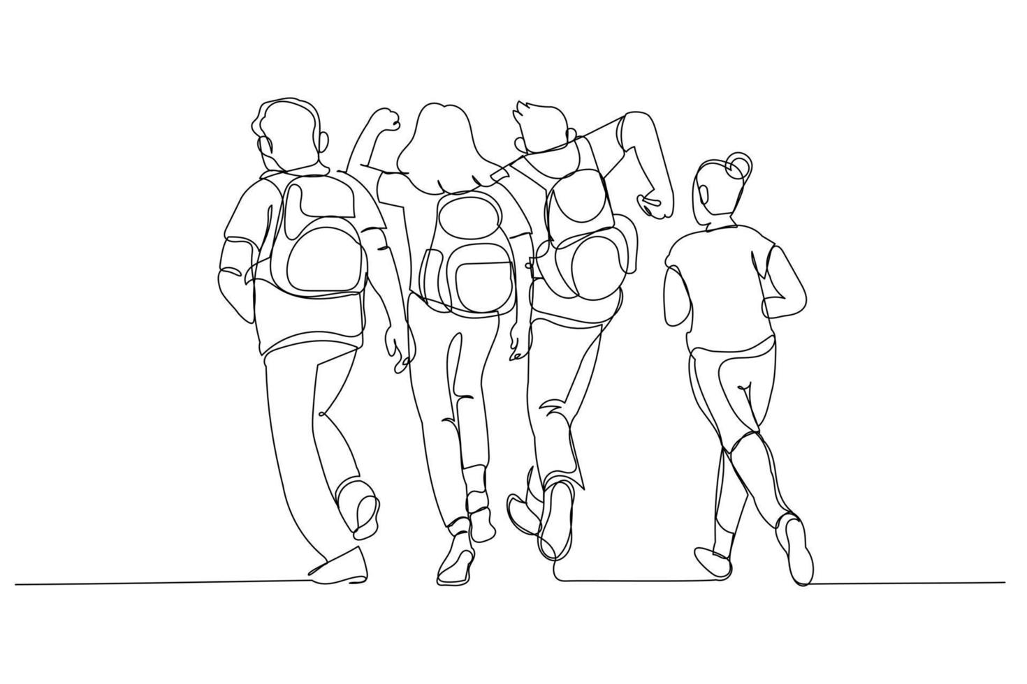 Cartoon of rear view of school people running outside. One line art style vector
