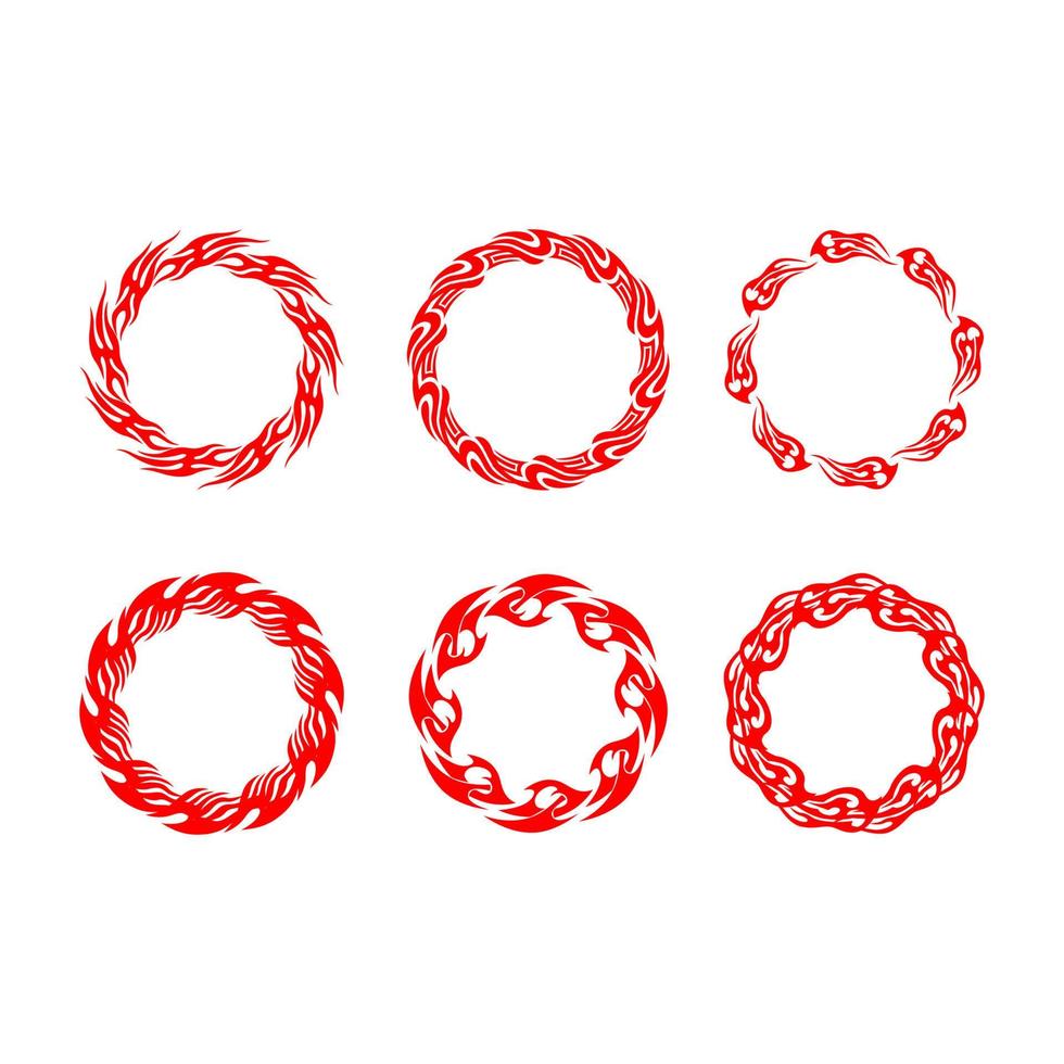 Flame circles set. Round fire frames for designs. Vector illustration isolated on a white background