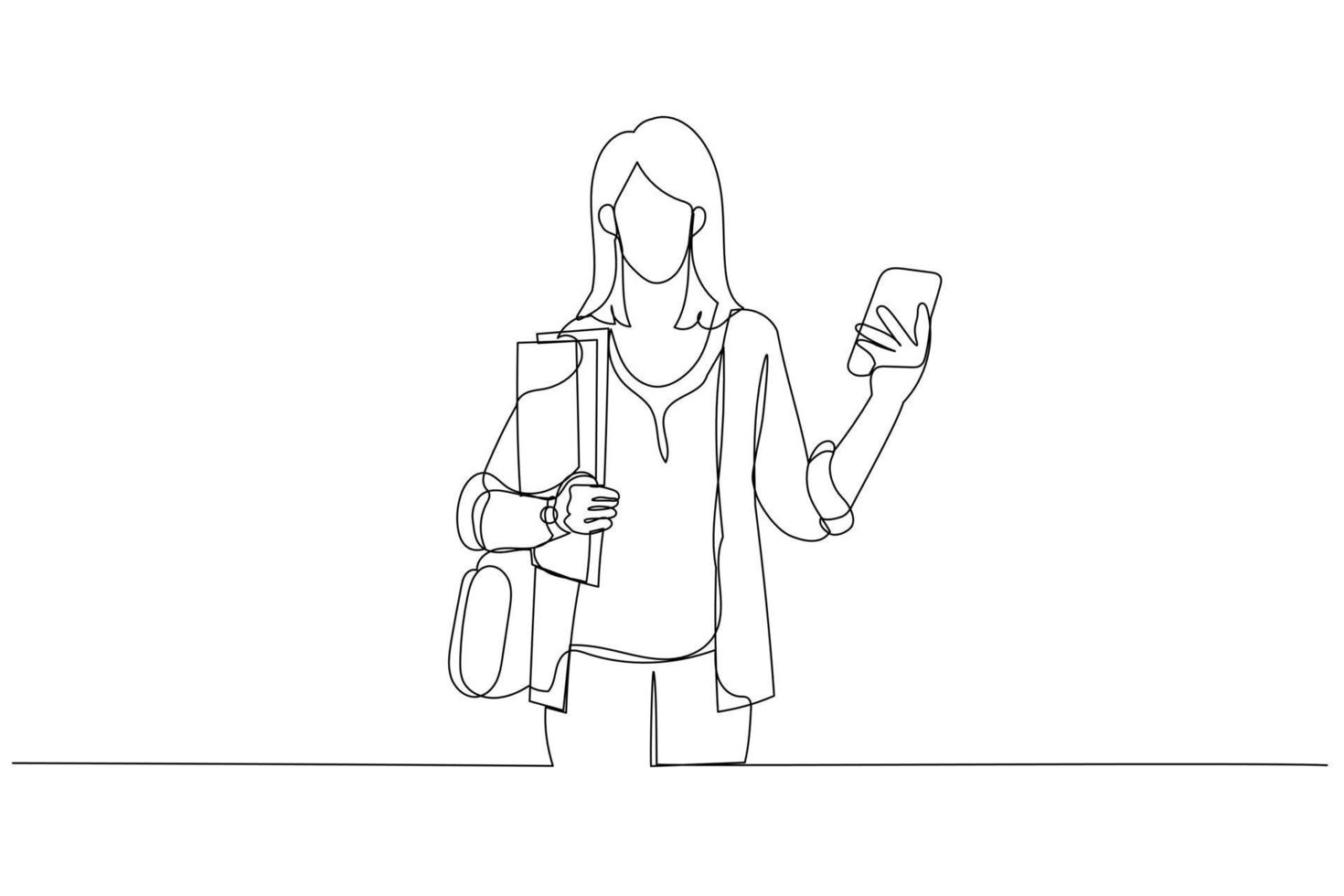 Cartoon of student girl is holding mobile phone in hand, looks at camera. One line art style vector