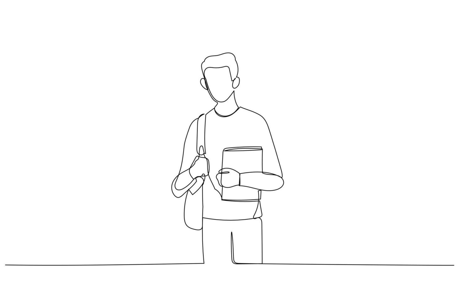 Cartoon of young student of carrying bagpack and holding books. One line art style vector