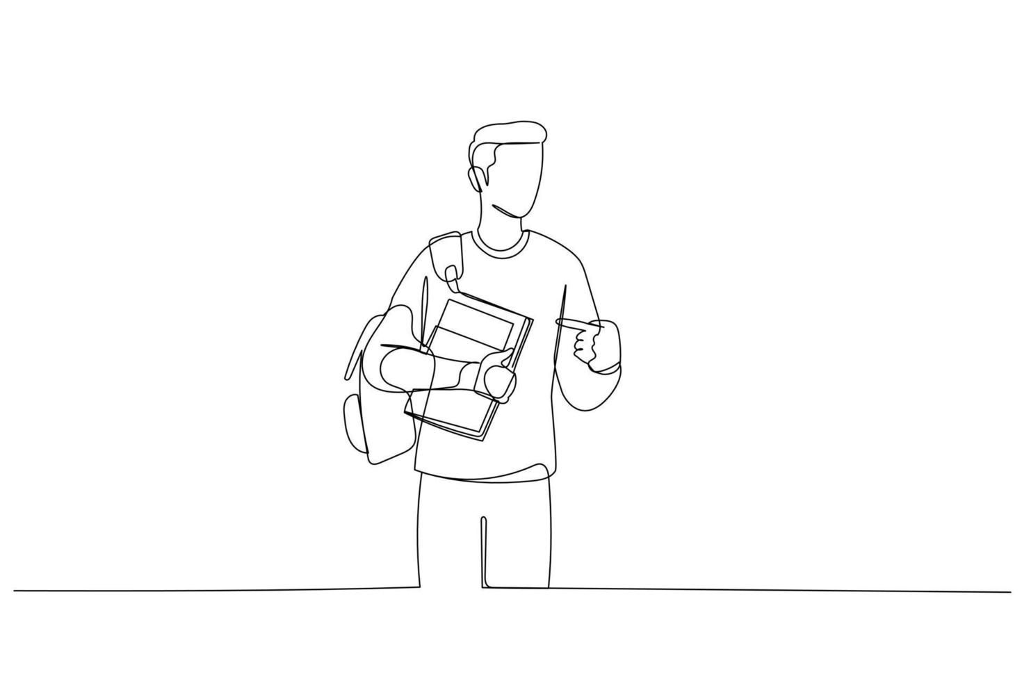 ilustración de un joven con cuaderno y mochila de estudiante apuntando con la mano y el dedo. arte de línea continua única vector