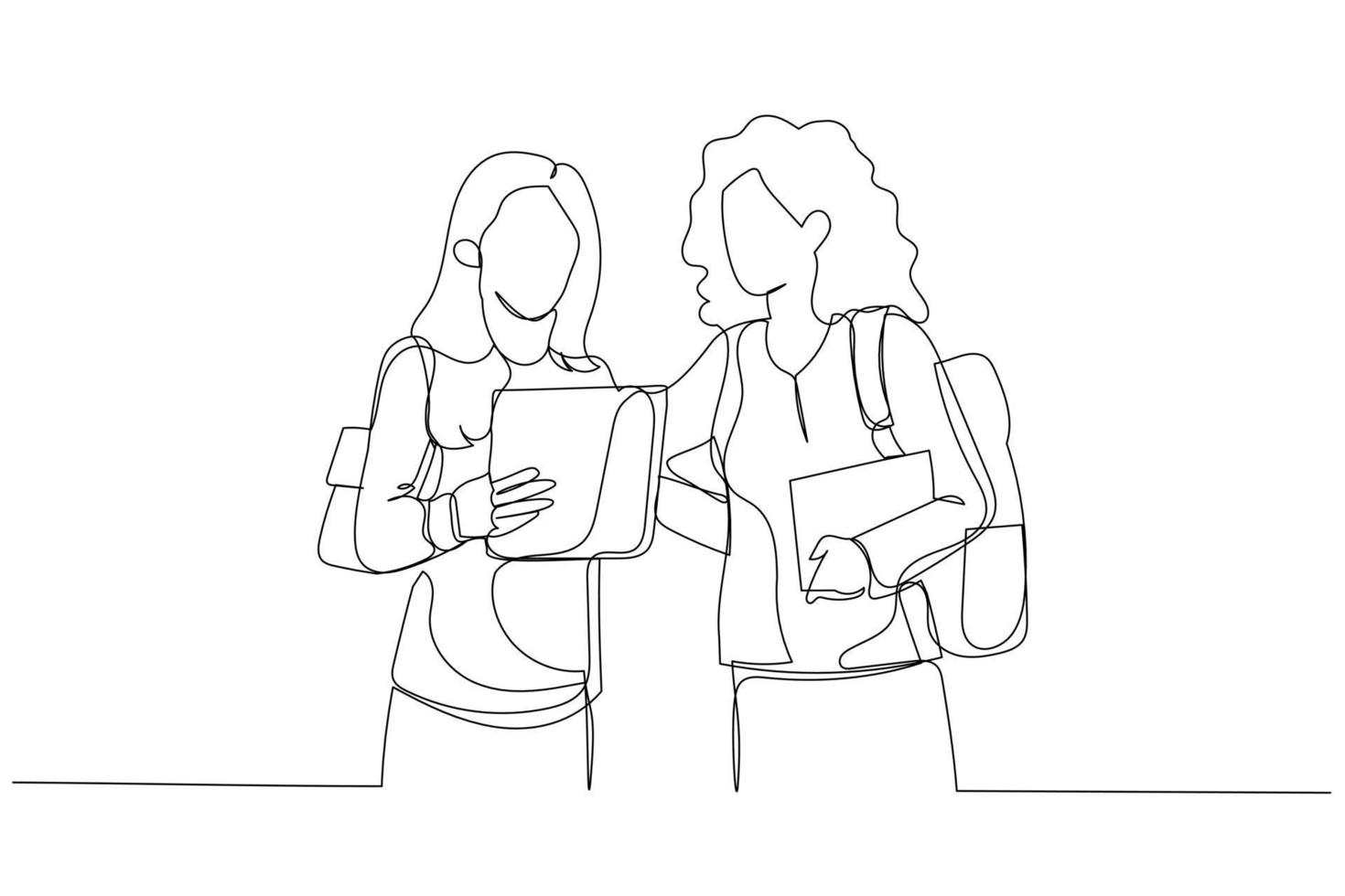 Drawing of interracial college students as friends looking at tablet computer. Continuous line art style vector