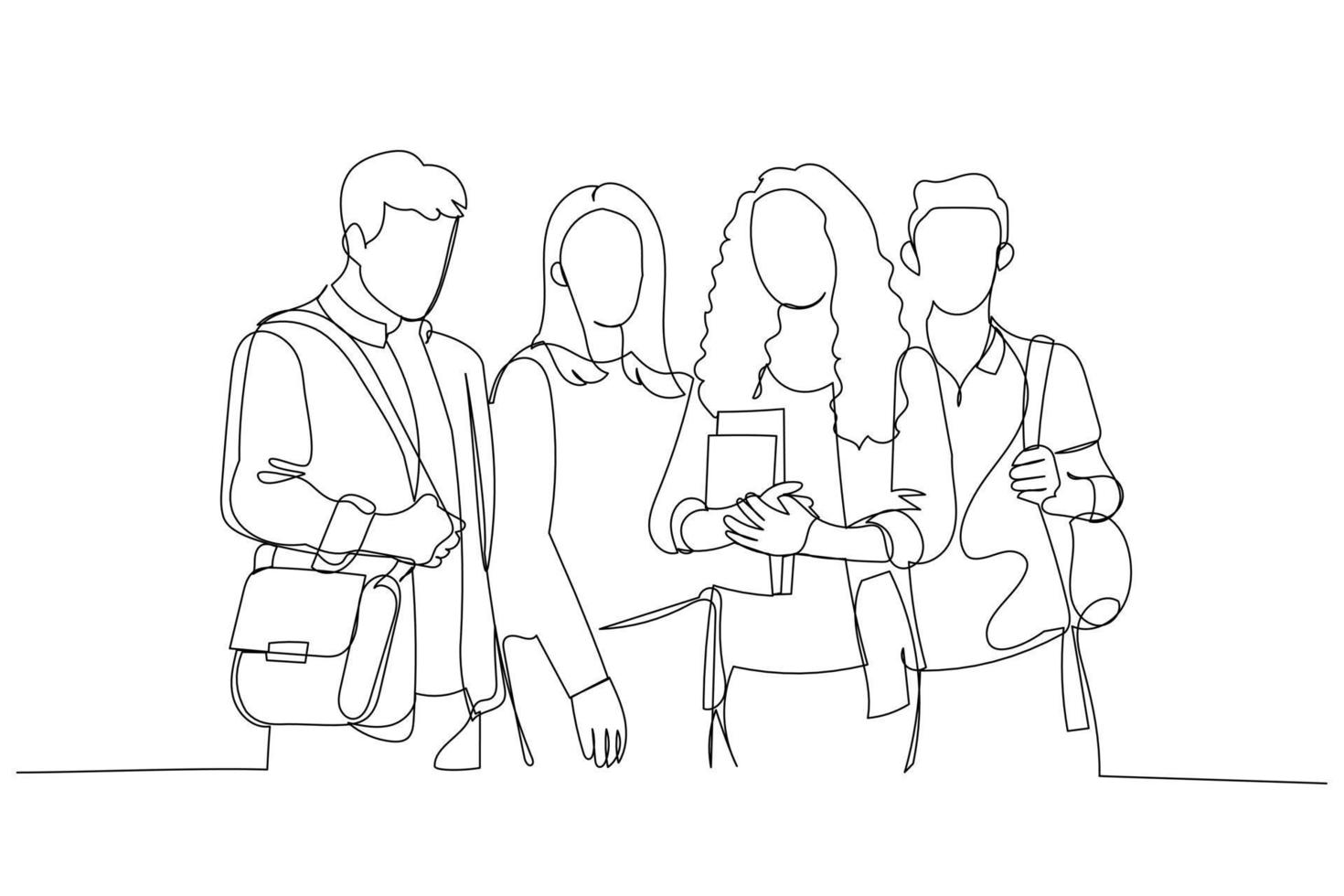 Drawing of college students standing, posing, and looking at camera, holding books. Continuous line art style vector