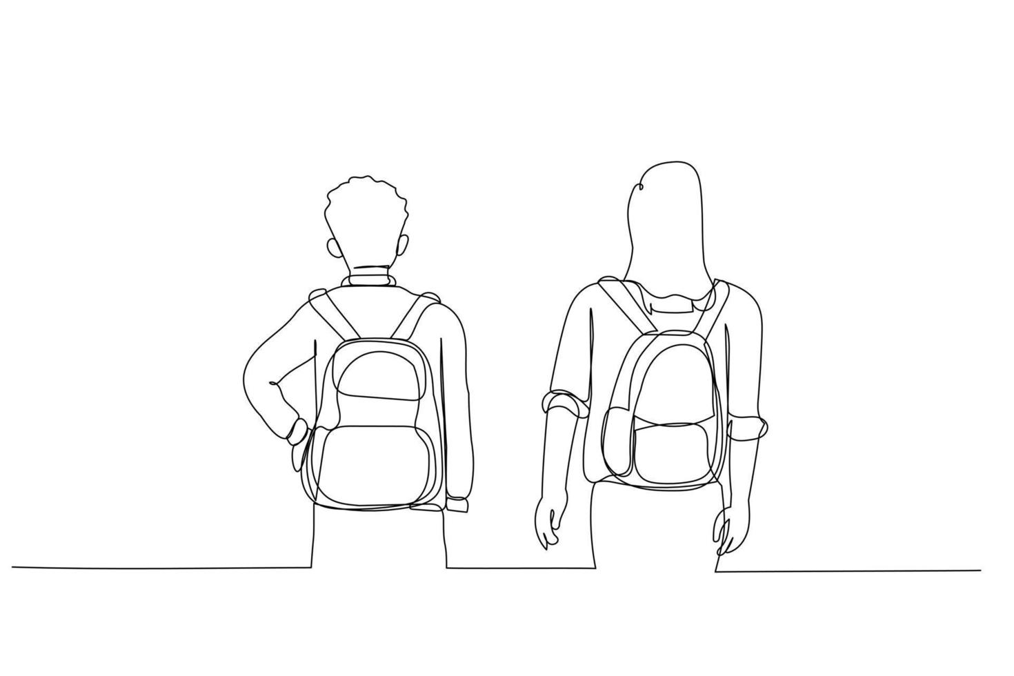 ilustración de niño y niña con mochilas mirando hacia atrás. estilo de arte de una sola línea vector