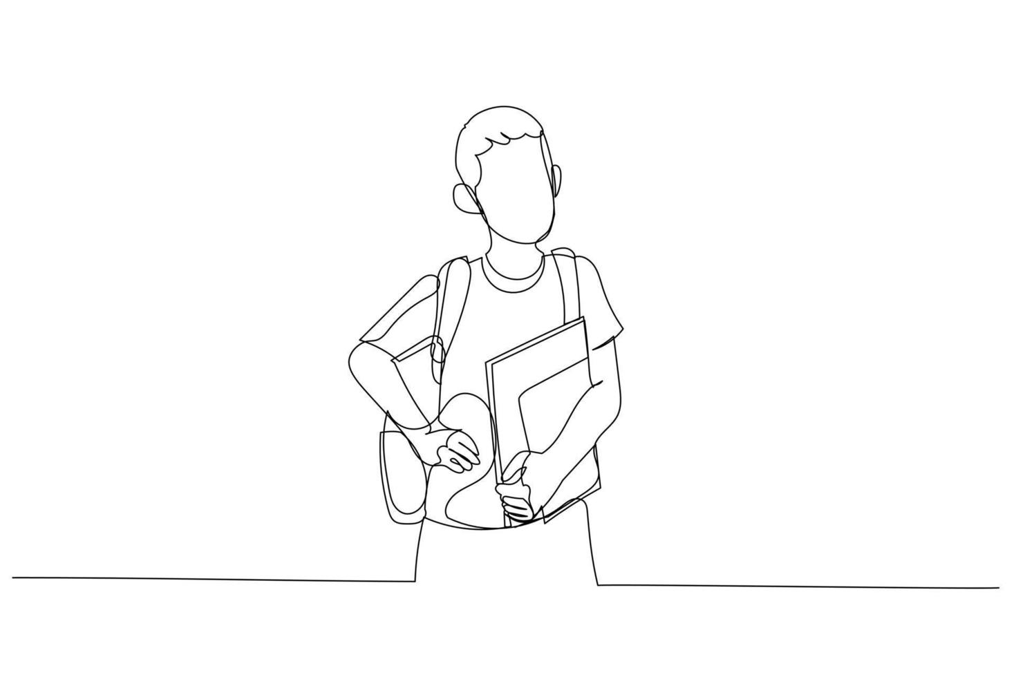 Drawing of school boy with backpack holding a notebook. Single continuous line art style vector