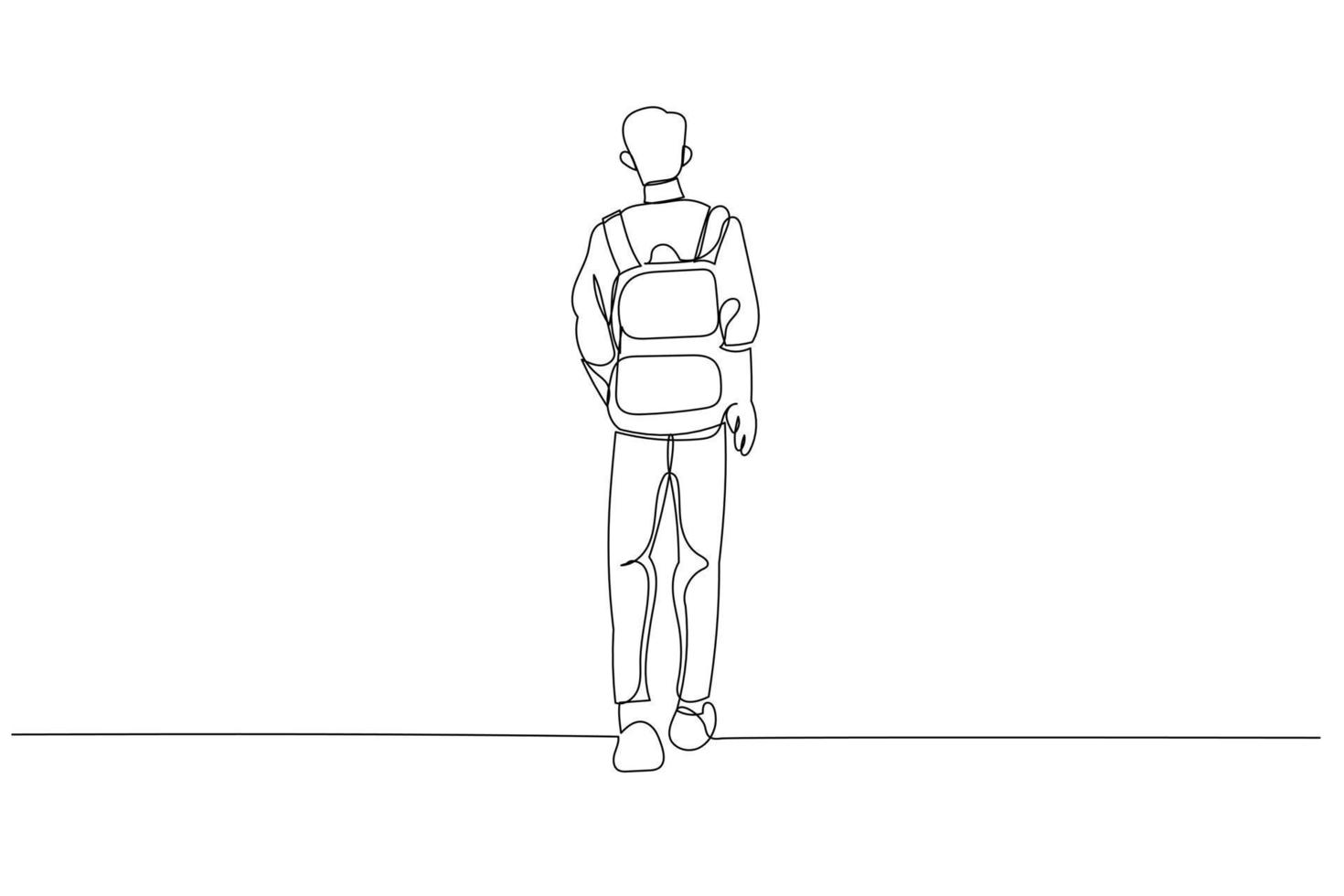 Cartoon of young student in casual clothes, with backpack, back view. One line art style vector