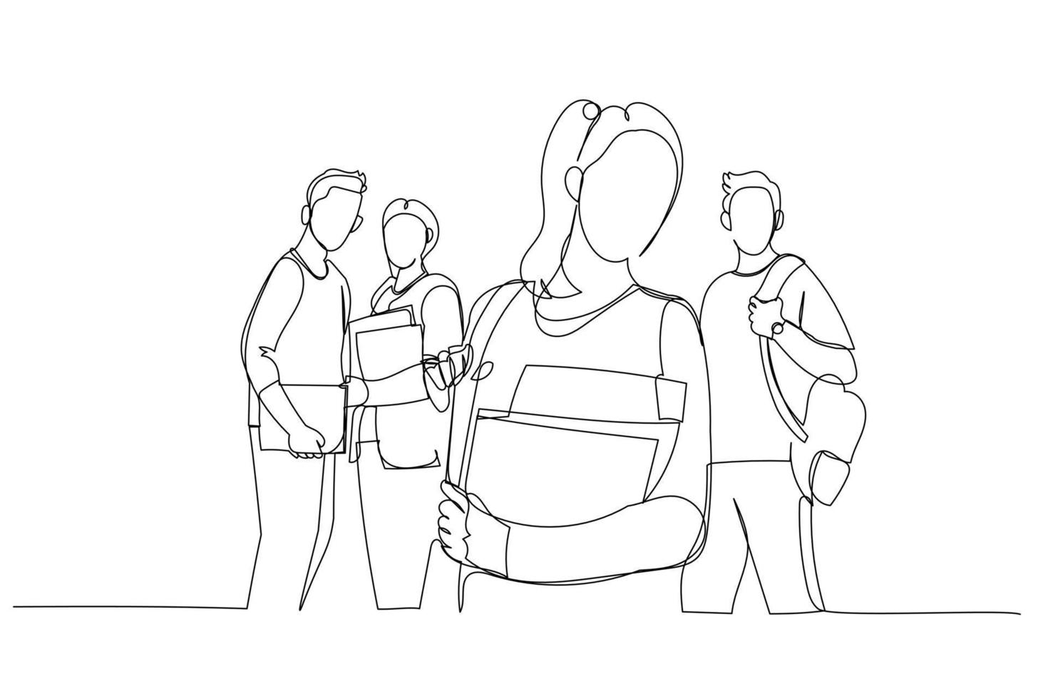 Drawing of happy student girl with book and a group of students. Continuous line art style vector