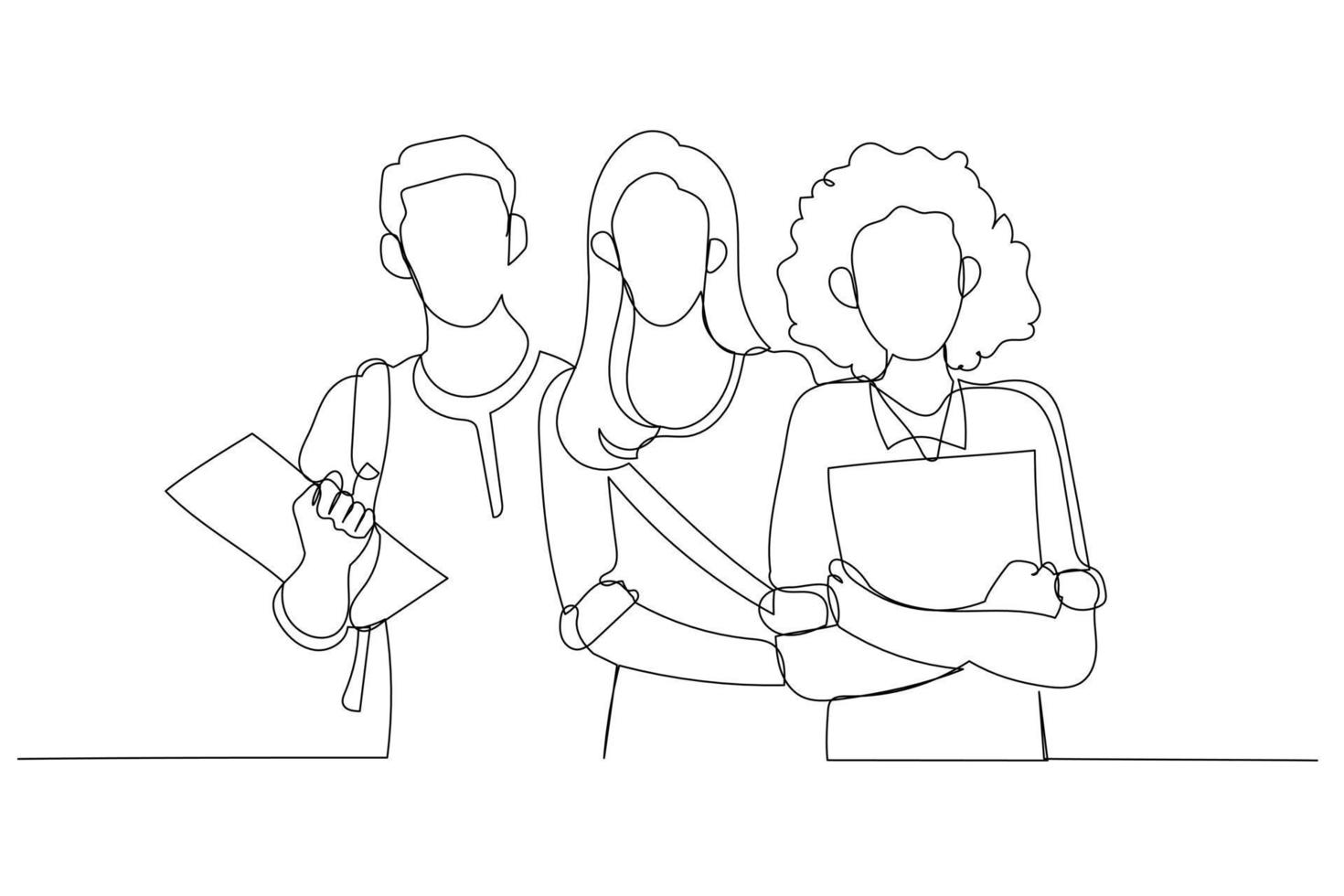 Drawing of happy group of students holding notebooks standing and posing together. Single continuous line art style vector