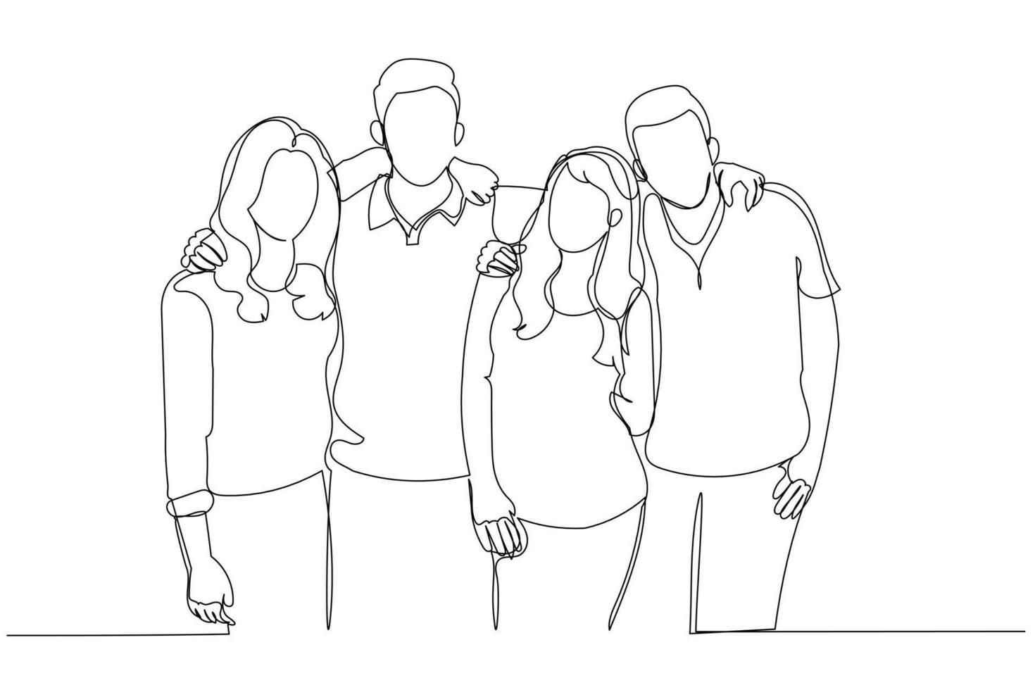 Drawing of group of friends embrace one another. Single continuous line art style vector