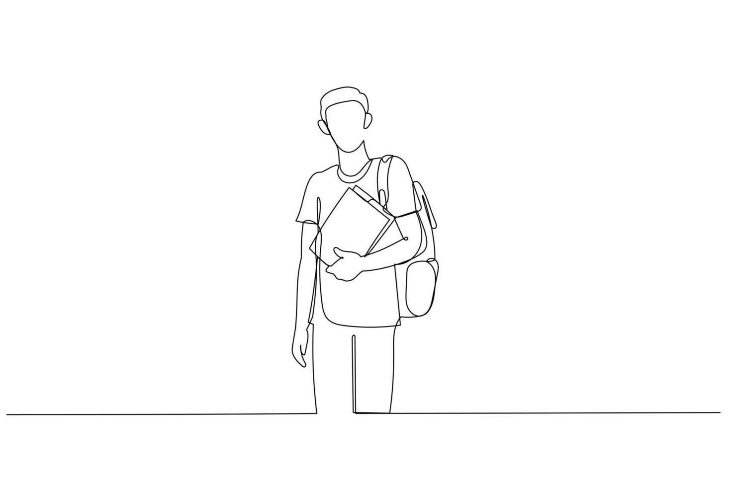 Cartoon of young college student with backpack and books. One line style art vector