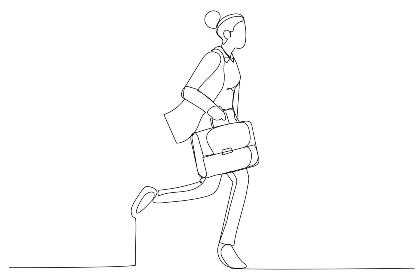 Drawing of businesswoman with suit runs to her office at rush hour carrying a briefcase. Single continuous line art style vector