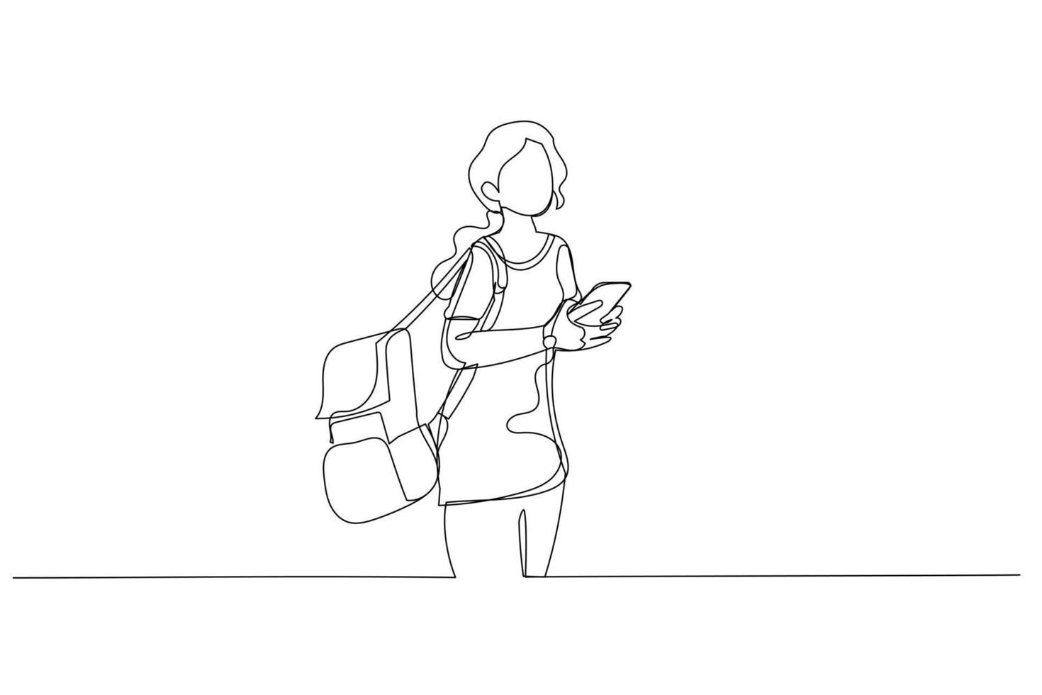 Cartoon of side portrait of woman student walking with bag and cellphone. One line style art vector