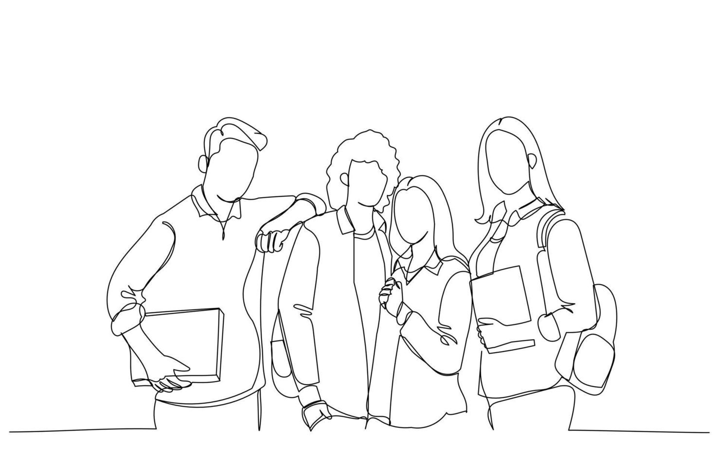 Cartoon of group of smart girls and boys students with backpacks on their shoulders and textbooks in their hands. One line art style vector