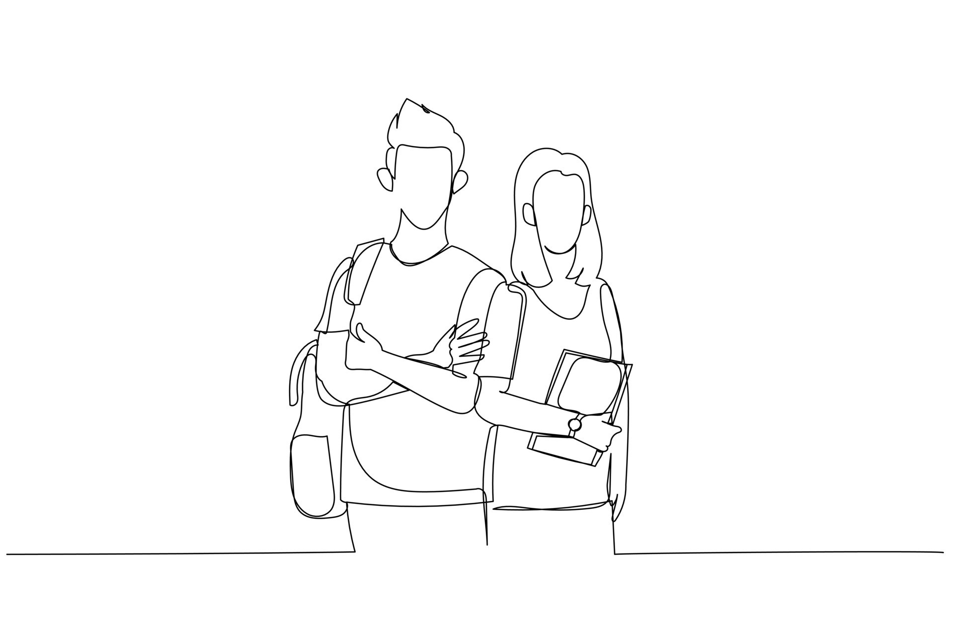 Cartoon of students boy and girl stand and posing in ready to take  education. Book cover concept. One line style art 16022832 Vector Art at  Vecteezy