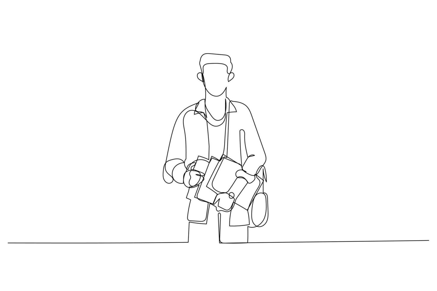 Cartoon of asian student with a confident look wearing backpack ready to go to class. Single line art style vector