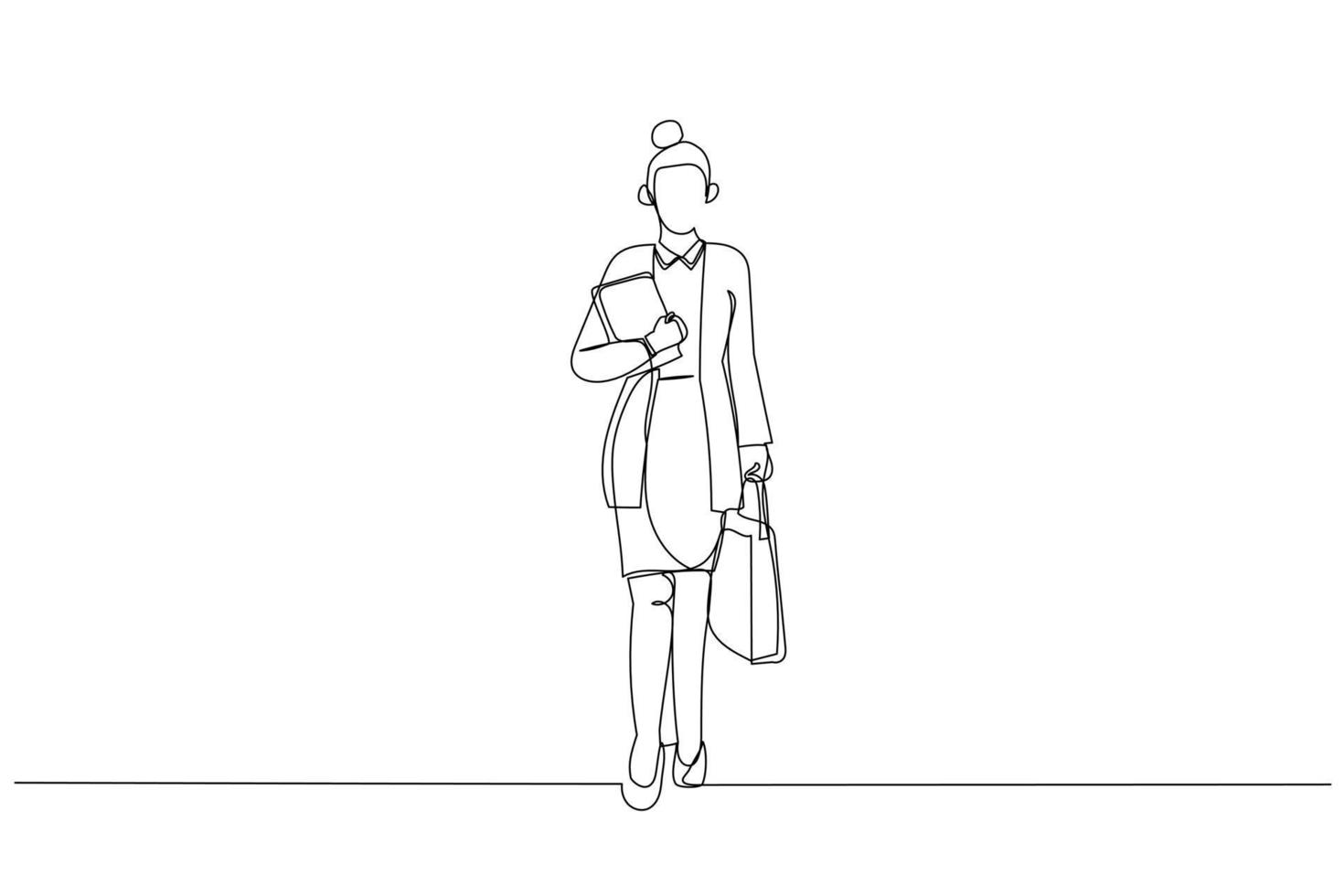 Cartoon of businesswoman walking on street. One line art style vector