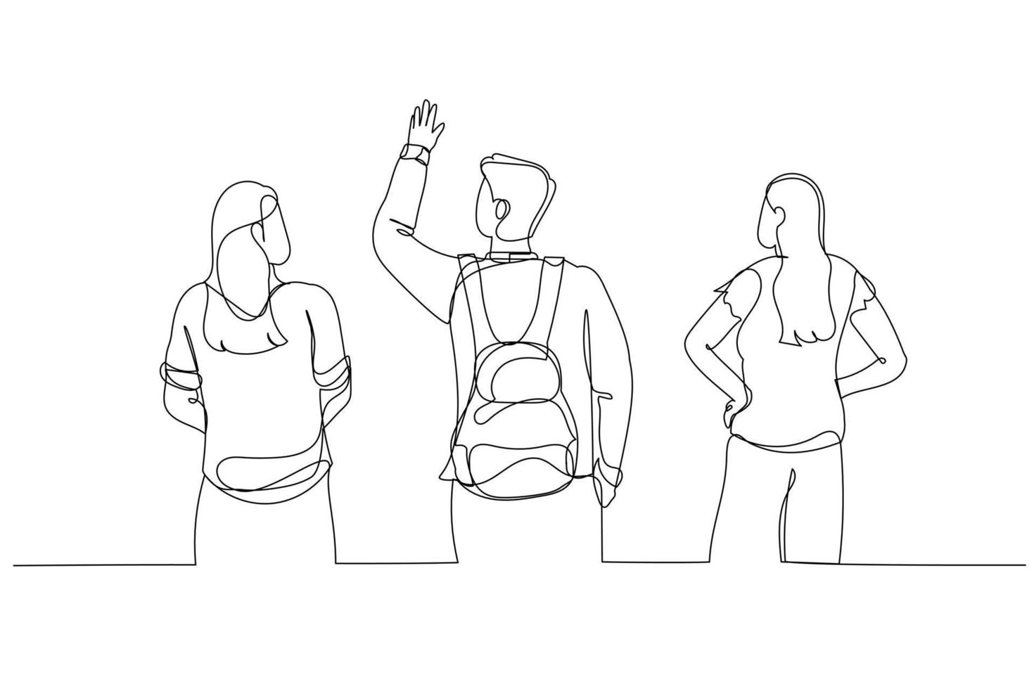 Drawing of people group from the back look up. Single continuous line art vector