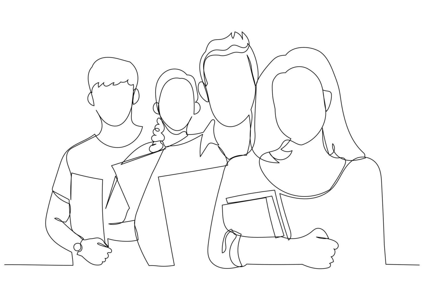 Cartoon of closeup of university students standing in a row with books. One line art style vector