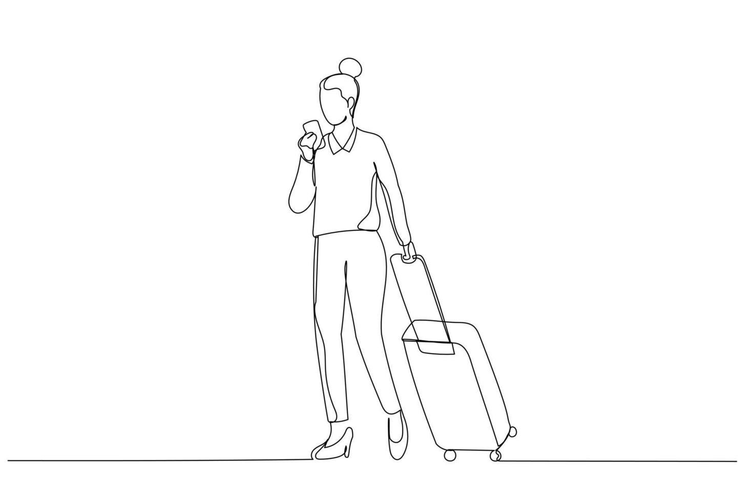 Illustration of asian businesswoman use smart phone with suitcase on her business trip. Single line art style vector