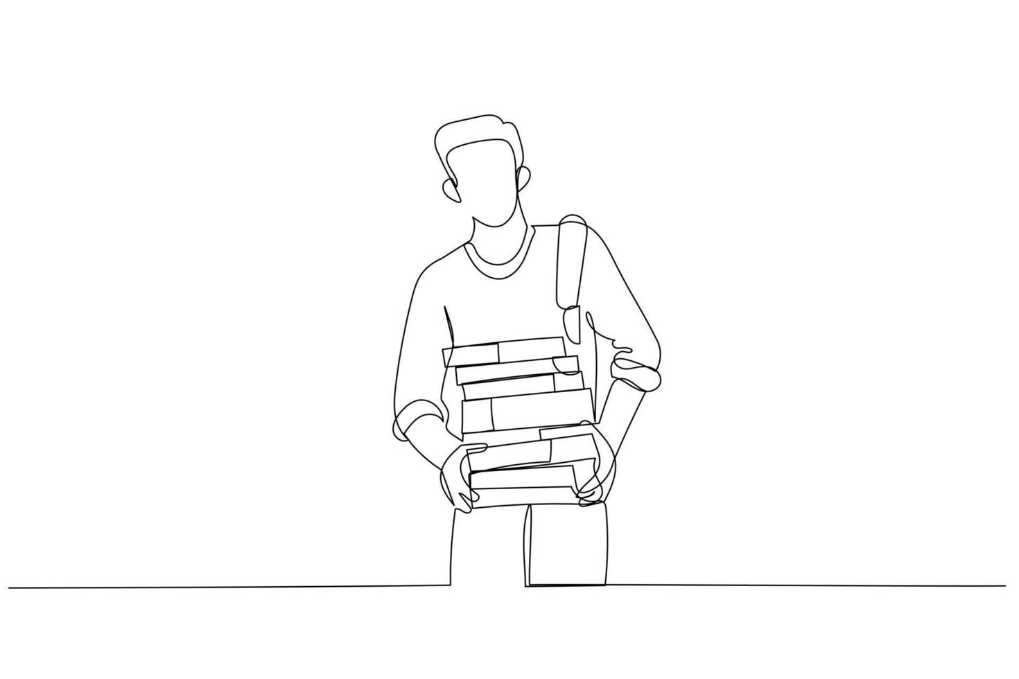 Cartoon of happy student carrying books and study materials. One continuous line art style vector