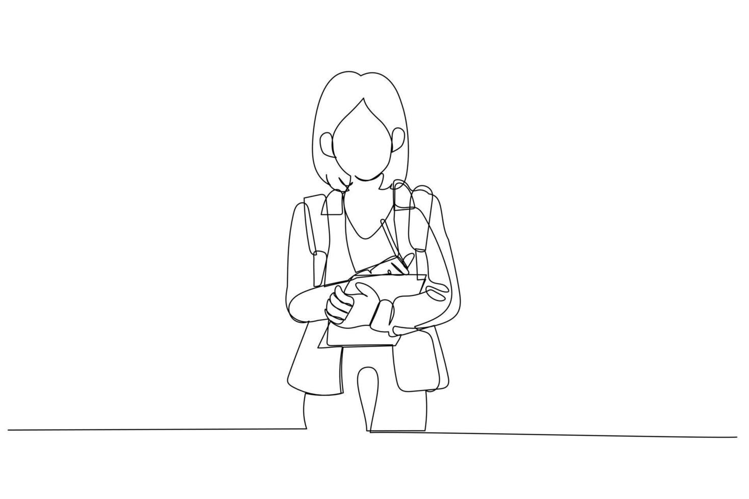 Cartoon of little schoolgirl with backpack holding notebook. One line art style vector