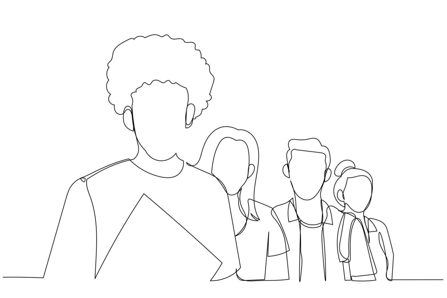 Drawing of group of students standing in line. Single continuous line art style vector