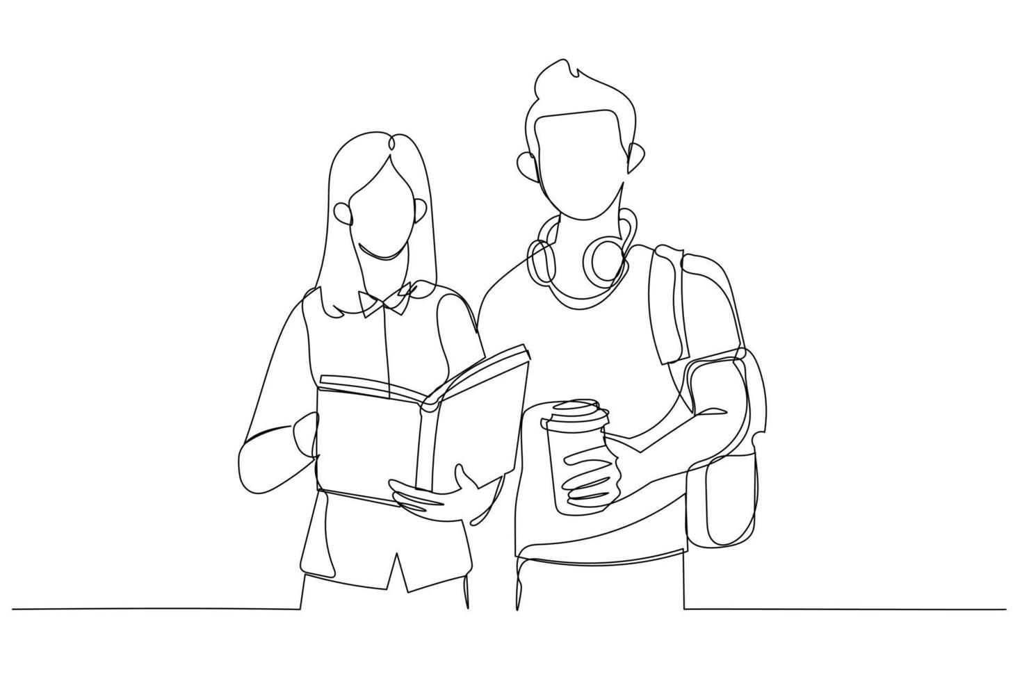 Illustration of friends girl and guy standing together searching books in library. Single line art style vector